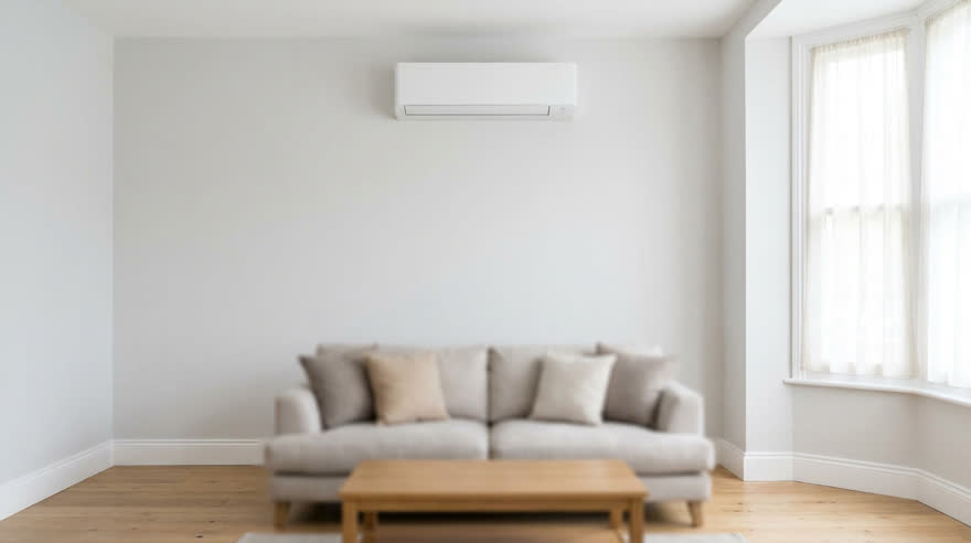 A wall-mounted air conditioning unit installed in a bright living room
