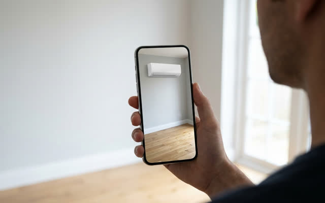 A phone previewing an air conditioning unit on a bare wall