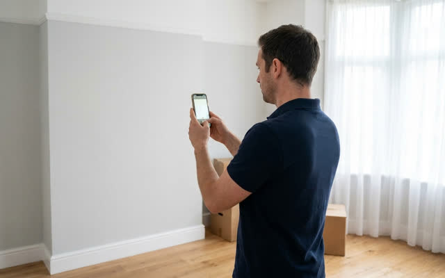 An installer scanning an empty room with a phone